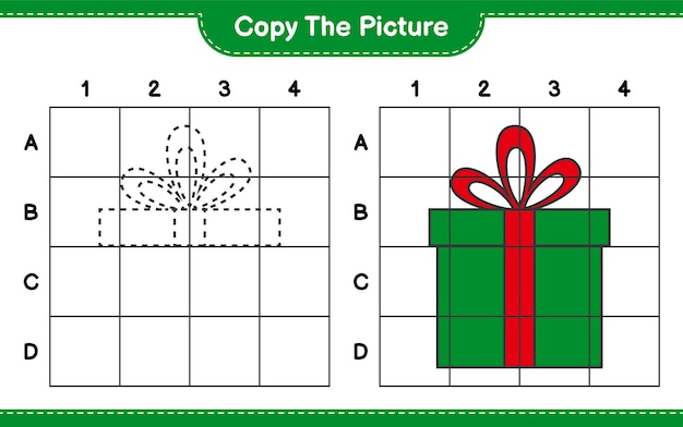 Copie la imagen, copie la imagen de cajas de regalo usando líneas de cuadrícula. juego educativo para niños, hoja de trabajo imprimible