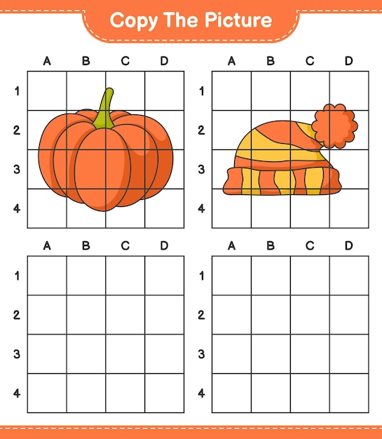 Copie la imagen copie la imagen de Calabaza y Sombrero usando líneas de cuadrícula Juego educativo para niños hoja de cálculo imprimible ilustración vectorial