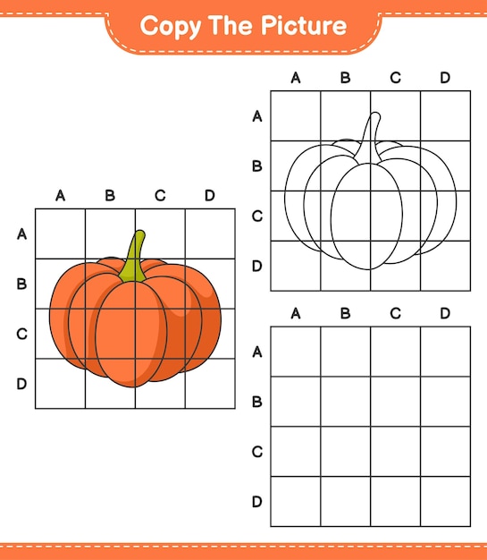 Copie la imagen copie la imagen de calabaza usando líneas de cuadrícula juego educativo para niños hoja de cálculo imprimible ilustración vectorial