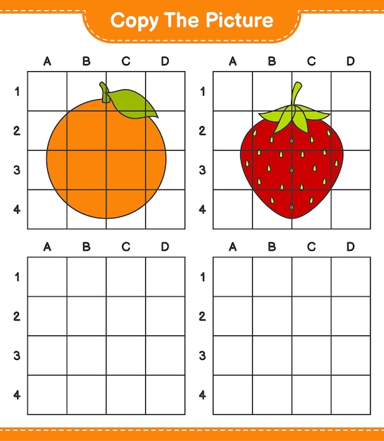 Copie la imagen, copie la imagen de frutas usando líneas de cuadrícula. juego educativo para niños, hoja de trabajo imprimible