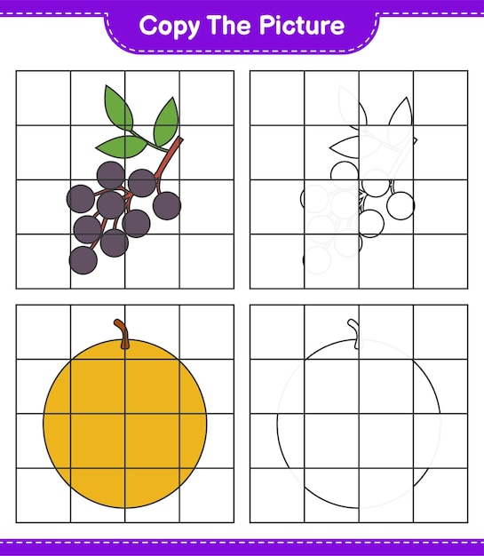 Copie la imagen, copie la imagen de frutas usando líneas de cuadrícula. juego educativo para niños, hoja de trabajo imprimible