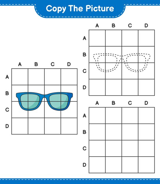 Copie la imagen, copie la imagen de Gafas de sol usando líneas de cuadrícula. Juego educativo para niños, hoja de trabajo imprimible, ilustración vectorial