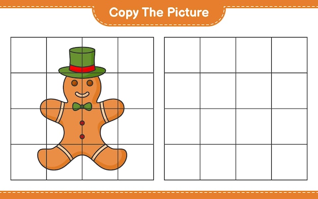 Copie la imagen, copie la imagen de Gingerbread Man usando líneas de cuadrícula. Juego educativo para niños, hoja de trabajo imprimible, ilustración vectorial