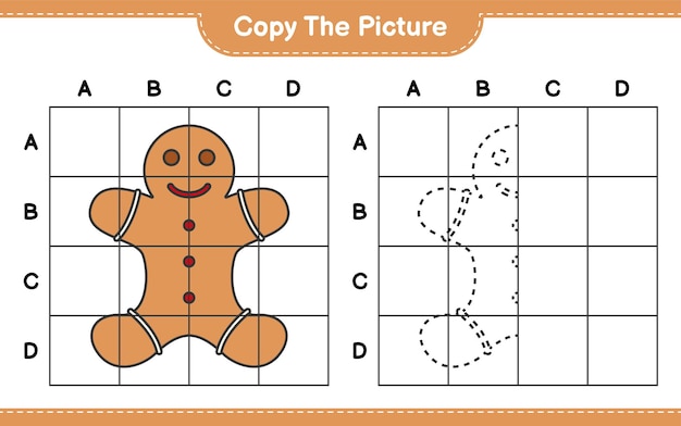 Copie la imagen, copie la imagen de Gingerbread Man usando líneas de cuadrícula. Juego educativo para niños, hoja de trabajo imprimible