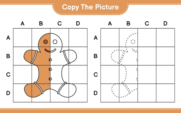 Copie la imagen, copie la imagen de gingerbread man usando líneas de cuadrícula. juego educativo para niños, hoja de trabajo imprimible