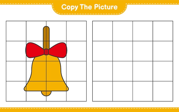 Copie la imagen, copie la imagen de golden christmas bells usando líneas de cuadrícula. juego educativo para niños, hoja de trabajo imprimible