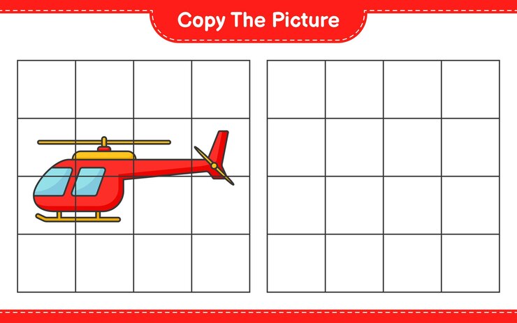 Vector copie la imagen copie la imagen del helicóptero usando líneas de cuadrícula juego educativo para niños hoja de cálculo imprimible ilustración vectorial