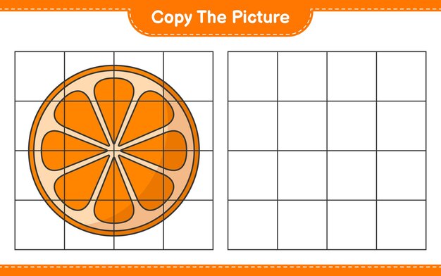 Copie la imagen, copie la imagen de Orange usando líneas de cuadrícula. Juego educativo para niños, hoja de trabajo imprimible, ilustración vectorial