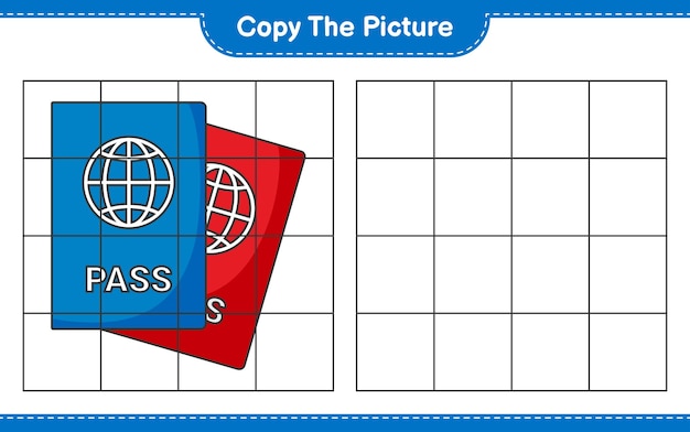 Copie la imagen, copie la imagen del pasaporte usando líneas de cuadrícula. juego educativo para niños, hoja de trabajo imprimible, ilustración vectorial