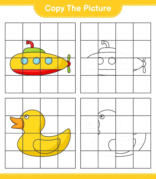 Copie la imagen copie la imagen del submarino y el pato de goma usando líneas de cuadrícula Juego educativo para niños hoja de trabajo imprimible ilustración vectorial