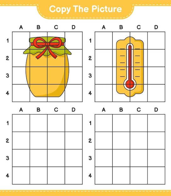 Copie la imagen copie la imagen del termómetro y el atasco usando líneas de cuadrícula juego educativo para niños hoja de cálculo imprimible ilustración vectorial