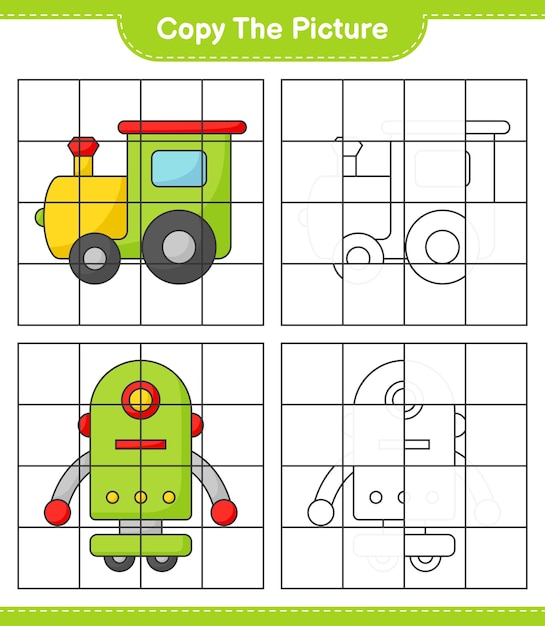 Copie la imagen copie la imagen de Train and Robot Character usando líneas de cuadrícula Juego educativo para niños hoja de cálculo imprimible ilustración vectorial