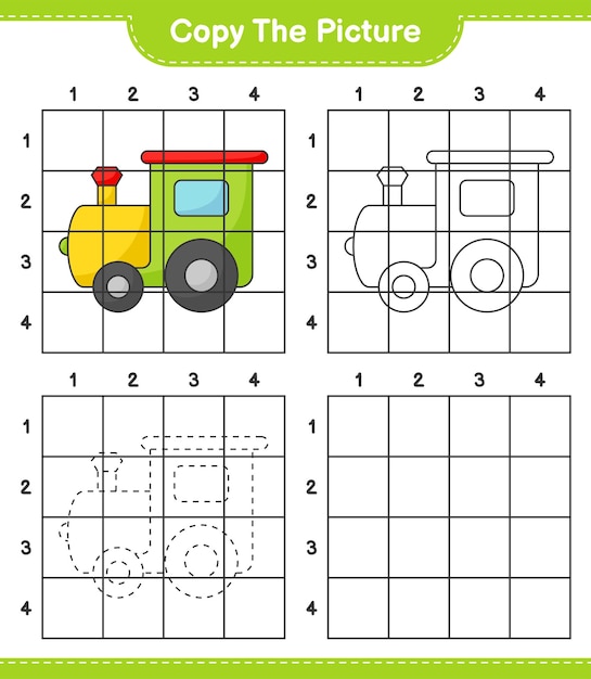 Copie la imagen copie la imagen del tren usando líneas de cuadrícula Juego educativo para niños hoja de cálculo imprimible ilustración vectorial