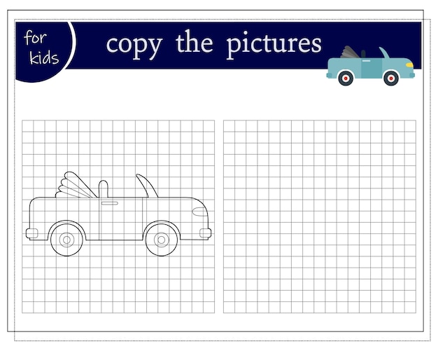 Copie una imagen, un juego educativo para niños, un coche de dibujos animados, un descapotable, ilustración vectorial