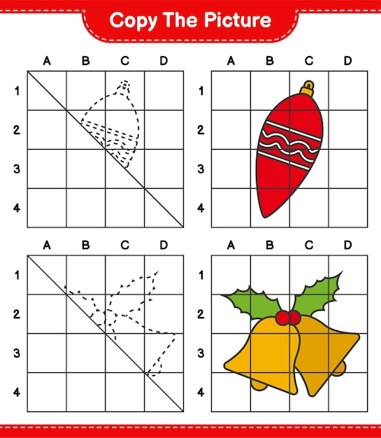 Copie la imagen del juego de hoja de trabajo educativo de Luces de Navidad y Campana de Navidad usando líneas de cuadrícula