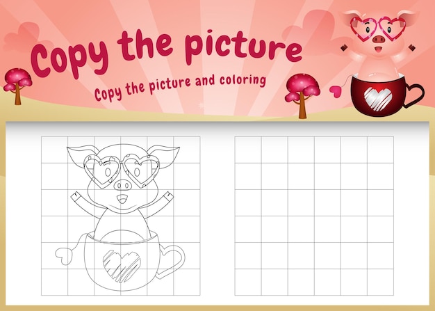 Copie la imagen del juego para niños y la página para colorear con un lindo cerdo usando un disfraz de san valentín