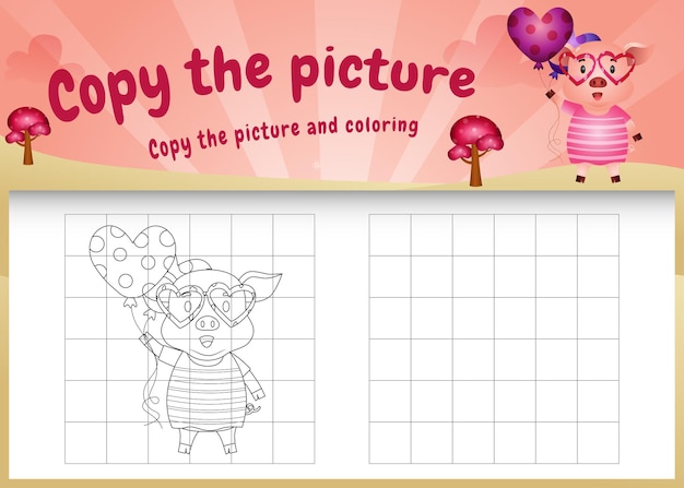 Copie la imagen del juego para niños y la página para colorear con un lindo cerdo usando un disfraz de San Valentín