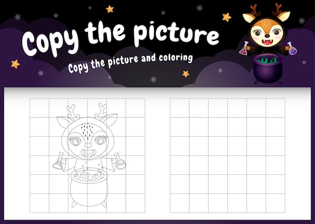 Copie la imagen del juego para niños y la página para colorear con un lindo ciervo usando un disfraz de halloween