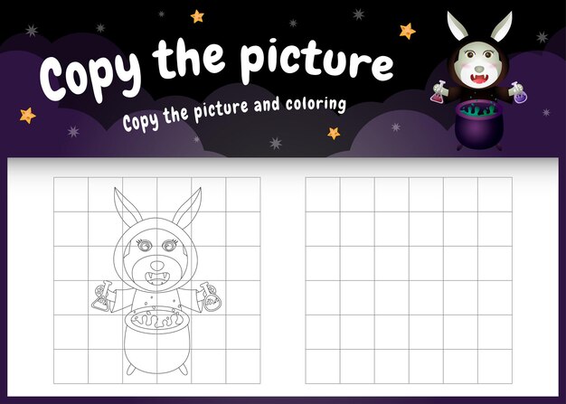 Copie la imagen del juego para niños y la página para colorear con un lindo conejo usando un disfraz de halloween