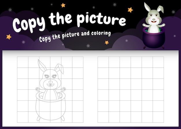 Copie la imagen del juego para niños y la página para colorear con un lindo conejo usando un disfraz de halloween
