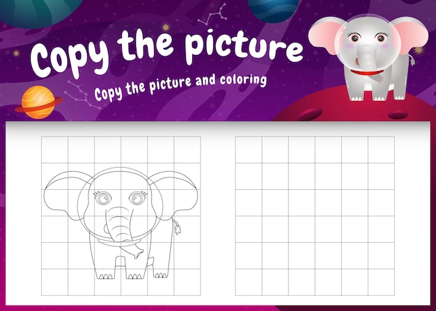 Copie la imagen del juego para niños y la página para colorear con un lindo elefante en la galaxia espacial