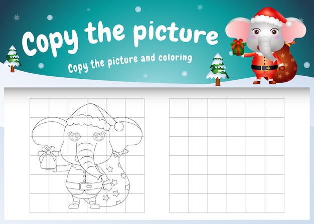 Copie la imagen del juego para niños y la página para colorear con un lindo elefante usando un disfraz de santa.