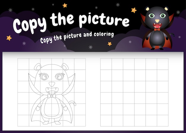 Copie la imagen del juego para niños y la página para colorear con un lindo gato negro usando un disfraz de halloween