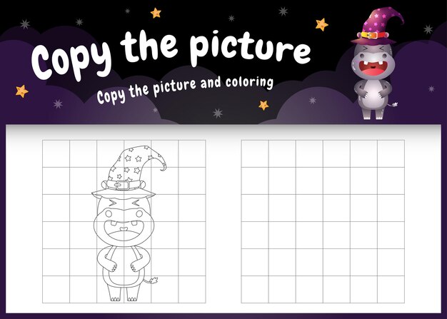 Copie la imagen del juego para niños y la página para colorear con un lindo hipopótamo usando un disfraz de halloween