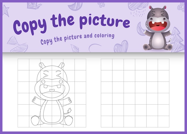 Copie la imagen del juego para niños y la página para colorear con un lindo hipopótamo