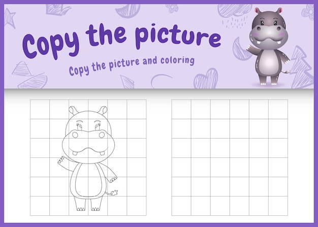 Copie la imagen del juego para niños y la página para colorear con un lindo hipopótamo