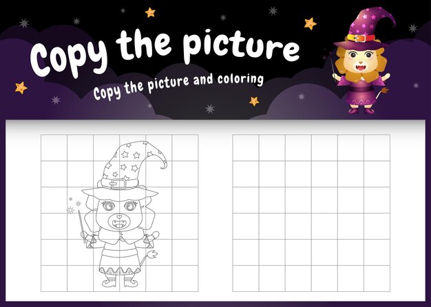 Copie la imagen del juego para niños y la página para colorear con un lindo león usando un disfraz de halloween