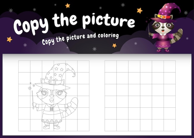 Copie la imagen del juego para niños y la página para colorear con un lindo mapache usando un disfraz de halloween