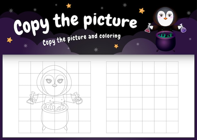 Copie la imagen del juego para niños y la página para colorear con un lindo pingüino usando un disfraz de halloween