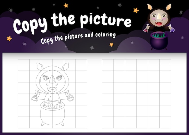 Copie la imagen del juego para niños y la página para colorear con un lindo rinoceronte usando un disfraz de halloween