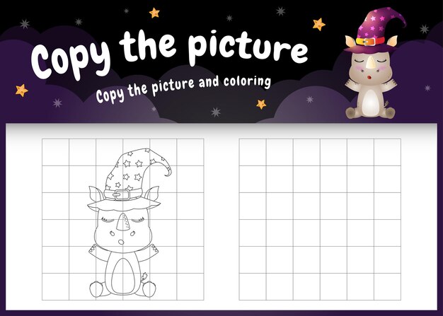 Copie la imagen del juego para niños y la página para colorear con un lindo rinoceronte usando un disfraz de halloween