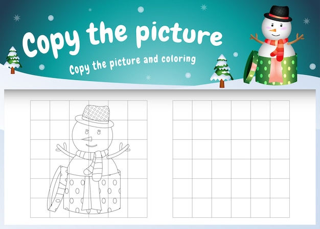 Copie la imagen del juego para niños y la página para colorear con un muñeco de nieve.