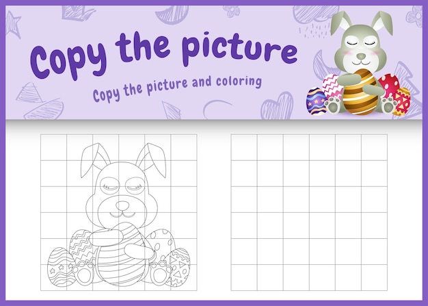 Copie la imagen del juego para niños y la página para colorear de pascua con un lindo conejo usando diademas de orejas de conejo abrazando huevos