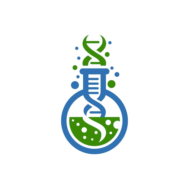 Copo científico y logotipo de ADN con una sustancia azul y verde