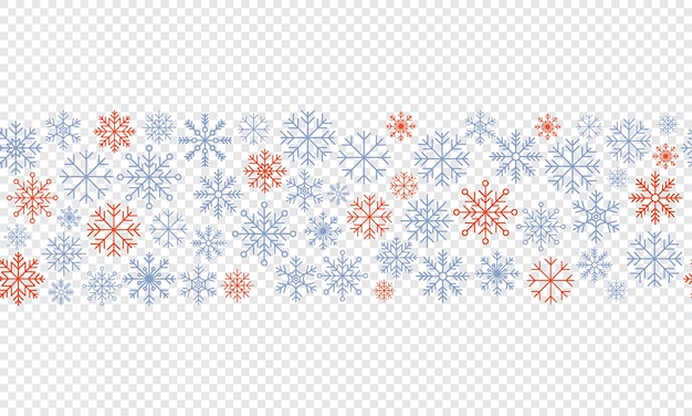 Copo de nieve borde sin costuras Patrón sin costuras de copos de nieve Nevada repetir telón de fondo Tema de vacaciones de invierno Fondo transparente con copos de nieve Ilustración vectorial