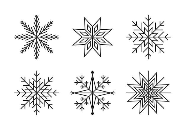 Copo de nieve delgada línea negra iconos nieve vector conjunto