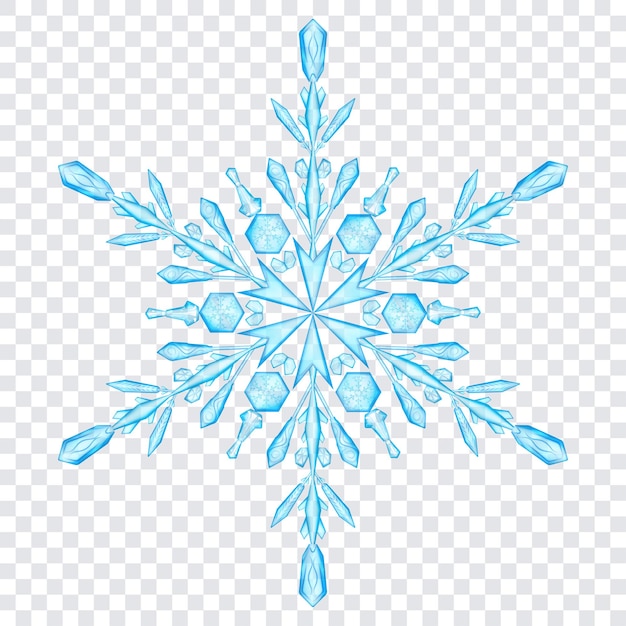 Copo de nieve de Navidad de cristal translúcido complejo grande en colores azul claro aislado sobre fondo transparente
