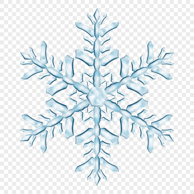 Copo de nieve de Navidad translúcido complejo grande en colores azul claro aislado sobre fondo transparente