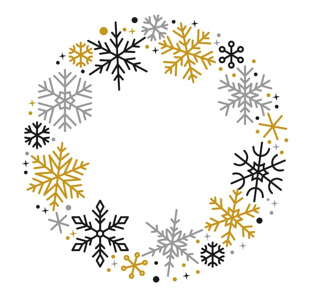 Vector copo de nieve negro oro plata redondo banner espacio de copia marco de copos de nieve feliz navidad y feliz año nuevo plantilla de tarjeta de felicitación fondo de estrella de hielo adornado de invierno carta de navidad decoración de borde helado