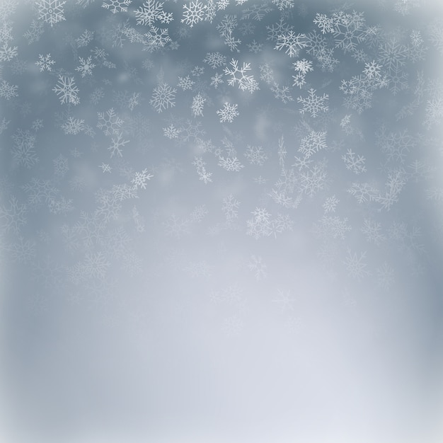 Copo de nieve volando, tarjeta o banner con elementos de nieve, copos de dispersión de confeti. Símbolos de invierno de clima frío.