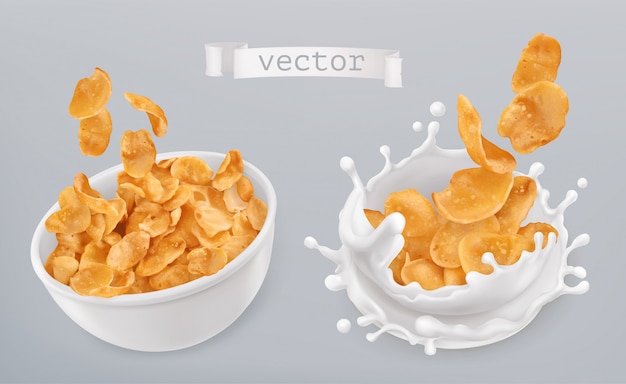 Vector copos de maíz y salpicaduras de leche. conjunto realista 3d