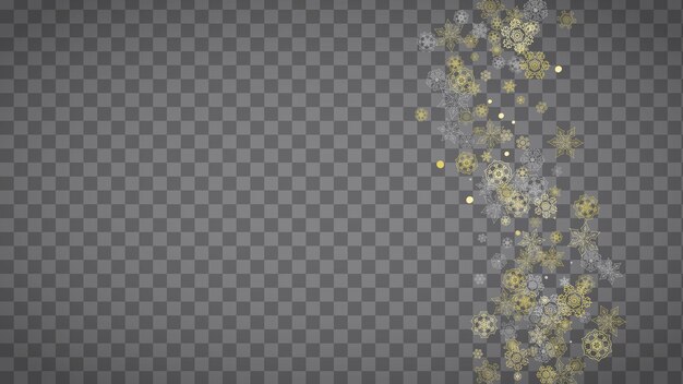 Copos de nieve aislados sobre fondo gris transparente horizontal Oro brillo nieve Ventas de invierno Diseño de Navidad y año nuevo para la venta de banner de invitación de fiesta Copos de nieve aislados de cristal mágico