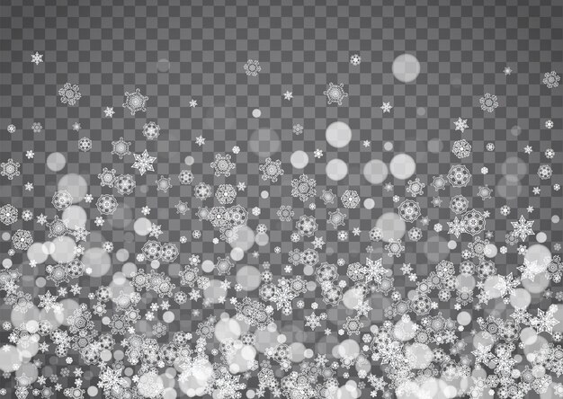 Copos de nieve aislados sobre fondo gris transparente. Rebajas de invierno, diseño de Navidad y Año Nuevo para invitación a fiestas, pancartas, ventas. Ventana horizontal de invierno. Copos de nieve mágicos aislados. Copos de plata