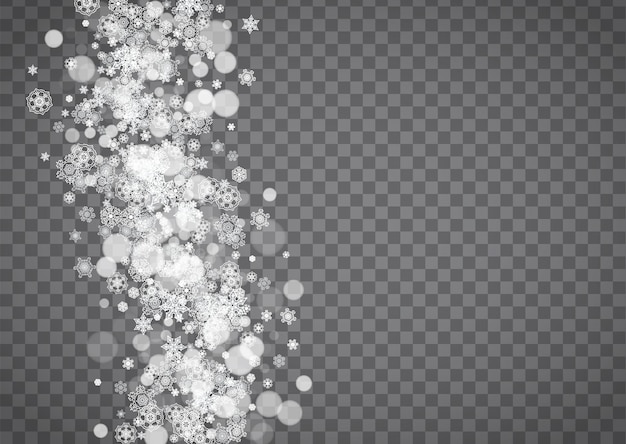 Copos de nieve aislados sobre fondo gris transparente. Rebajas de invierno, diseño de Navidad y Año Nuevo para invitación a fiestas, pancartas, ventas. Ventana horizontal de invierno. Copos de nieve mágicos aislados. Copos de plata