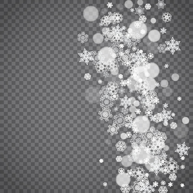 Copos de nieve aislados sobre fondo gris transparente Ventas de invierno Diseño de Navidad y año nuevo para venta de banner de invitación de fiesta Ventana de nieve de invierno Copos de nieve aislados de cristal mágico Copos de plata