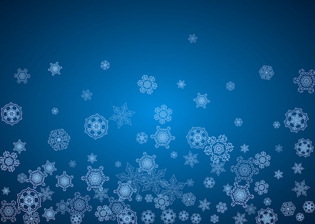 Copos de nieve de año nuevo sobre fondo azul con destellos. Copos de nieve horizontales de Navidad y año nuevo cayendo. Para ventas de temporada, oferta especial, pancartas, tarjetas, invitaciones a fiestas, volantes. Blanca nieve helada